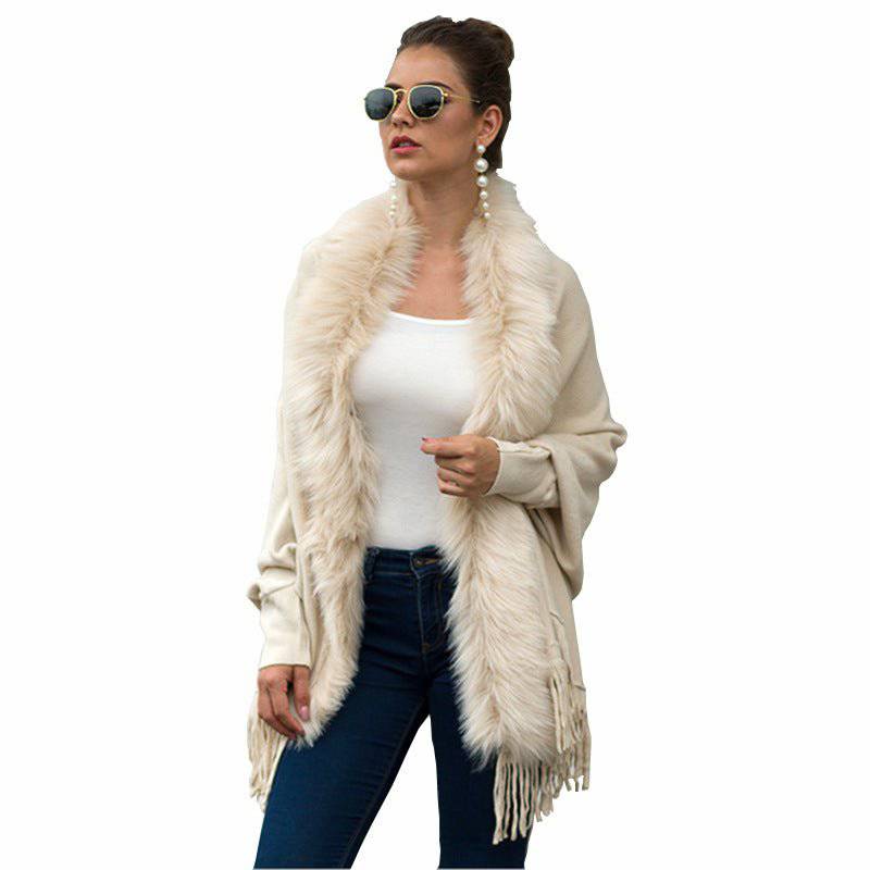 Elegant Fur Collar Tassel Cape Shawl with Fringe Embellishment    