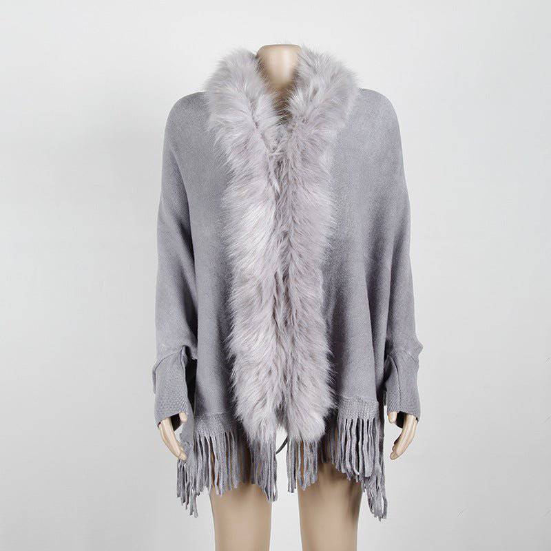 Elegant Fur Collar Tassel Cape Shawl with Fringe Embellishment  One Size Gray 