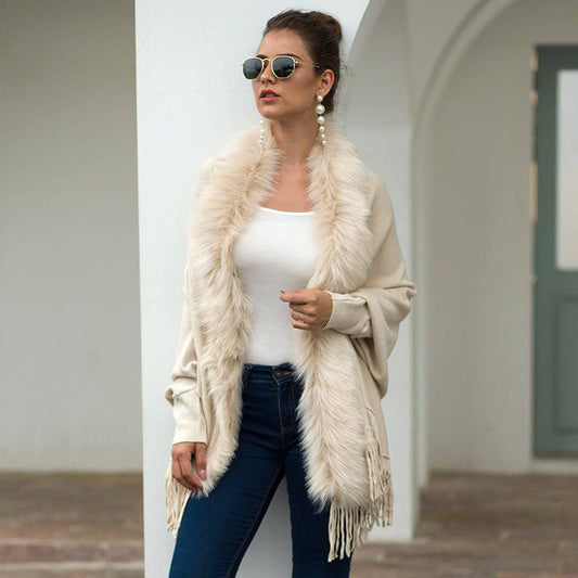 Elegant Fur Collar Tassel Cape Shawl with Fringe Embellishment    