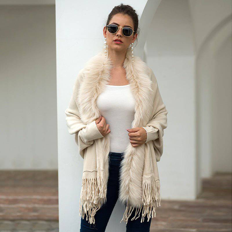 Elegant Fur Collar Tassel Cape Shawl with Fringe Embellishment    