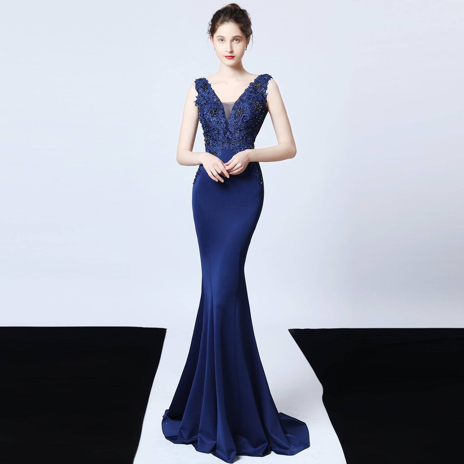 Elegant Handmade Applique Beaded Fishtail Evening Dress  S purplish blue 