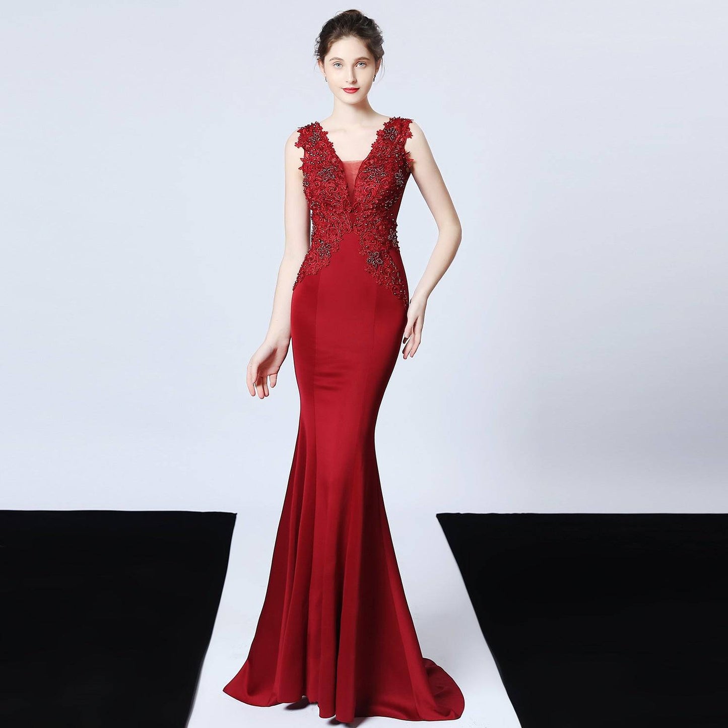 Elegant Handmade Applique Beaded Fishtail Evening Dress  S Jujube Red 