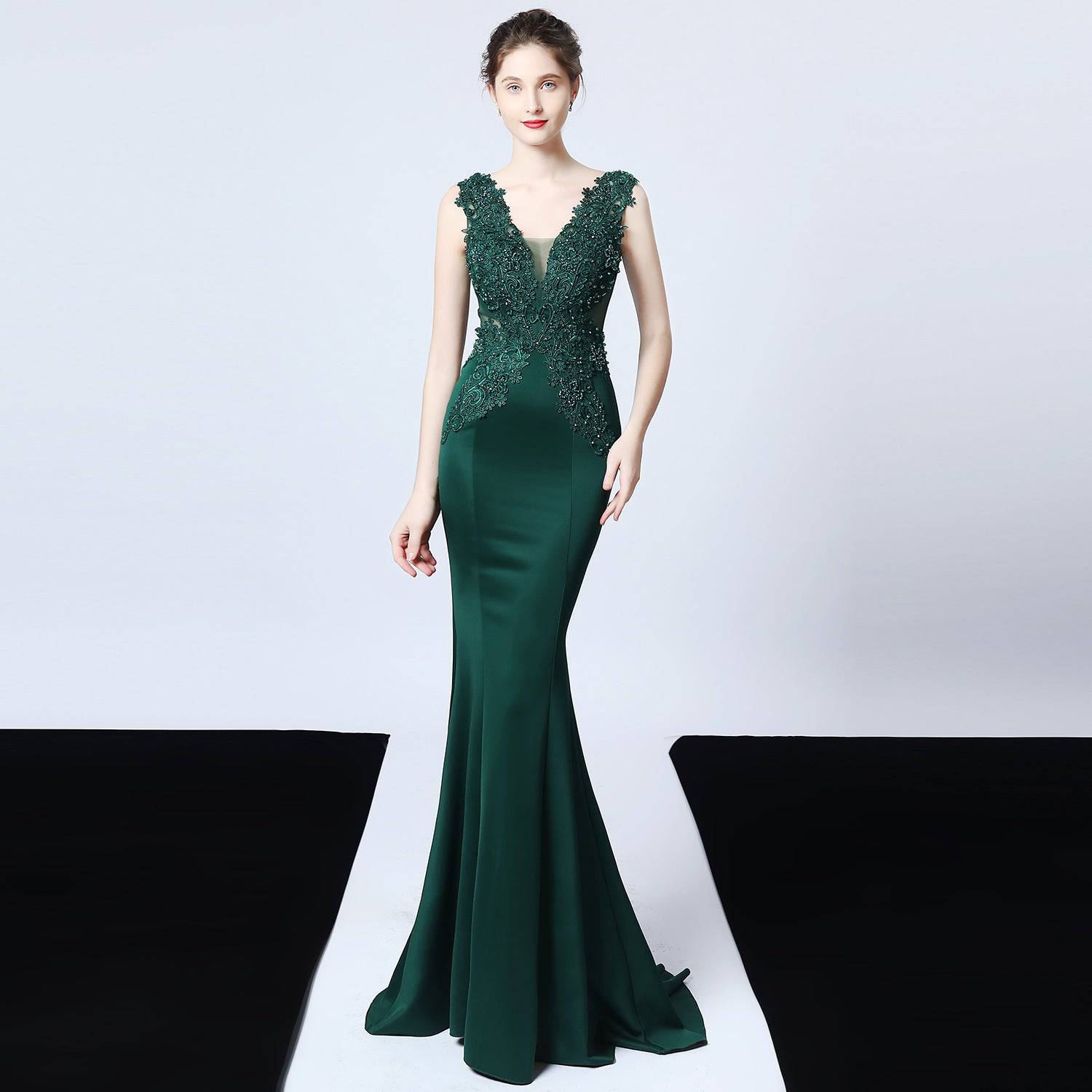 Elegant Handmade Applique Beaded Fishtail Evening Dress  S Green 