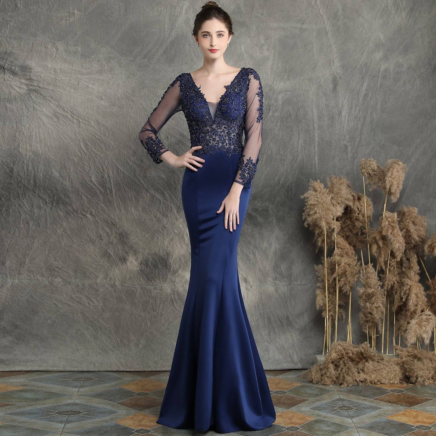 Elegant Handmade Applique Beaded Long Sleeve Fishtail Wedding Evening Dress  S purplish blue 