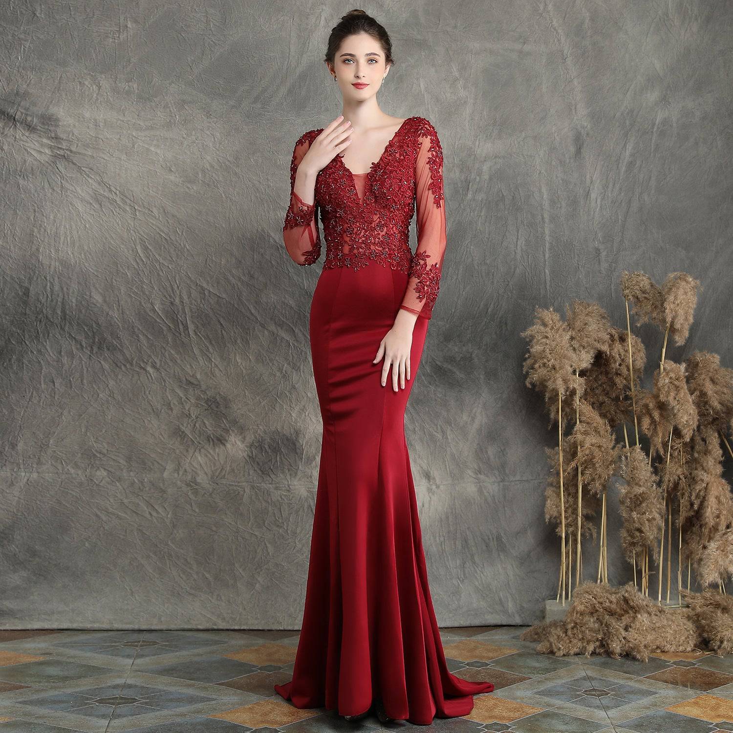 Elegant Handmade Applique Beaded Long Sleeve Fishtail Wedding Evening Dress  S Jujube Red 