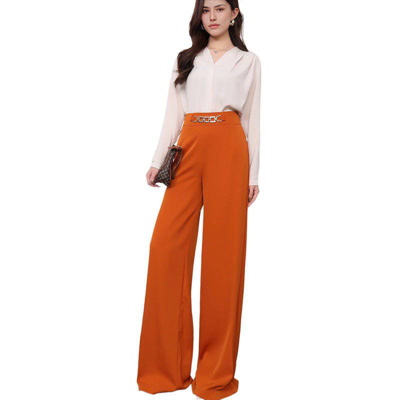 Elegant High-Rise Wide Leg Business Pants for Women  M Orange 