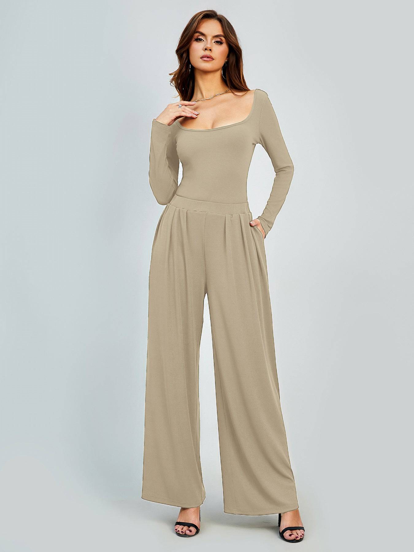 Elegant High Waist Loose Wide Leg Pants for Women  XS Apricot 