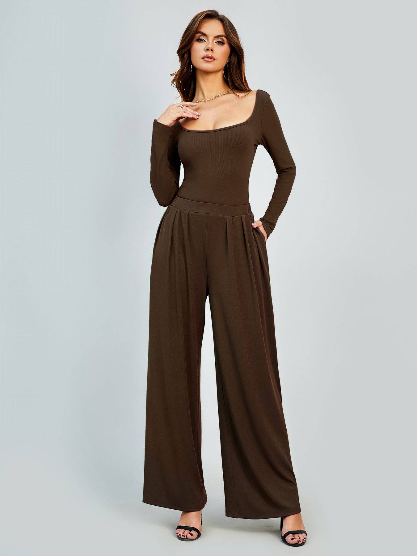 Elegant High Waist Loose Wide Leg Pants for Women  XS Coffee 