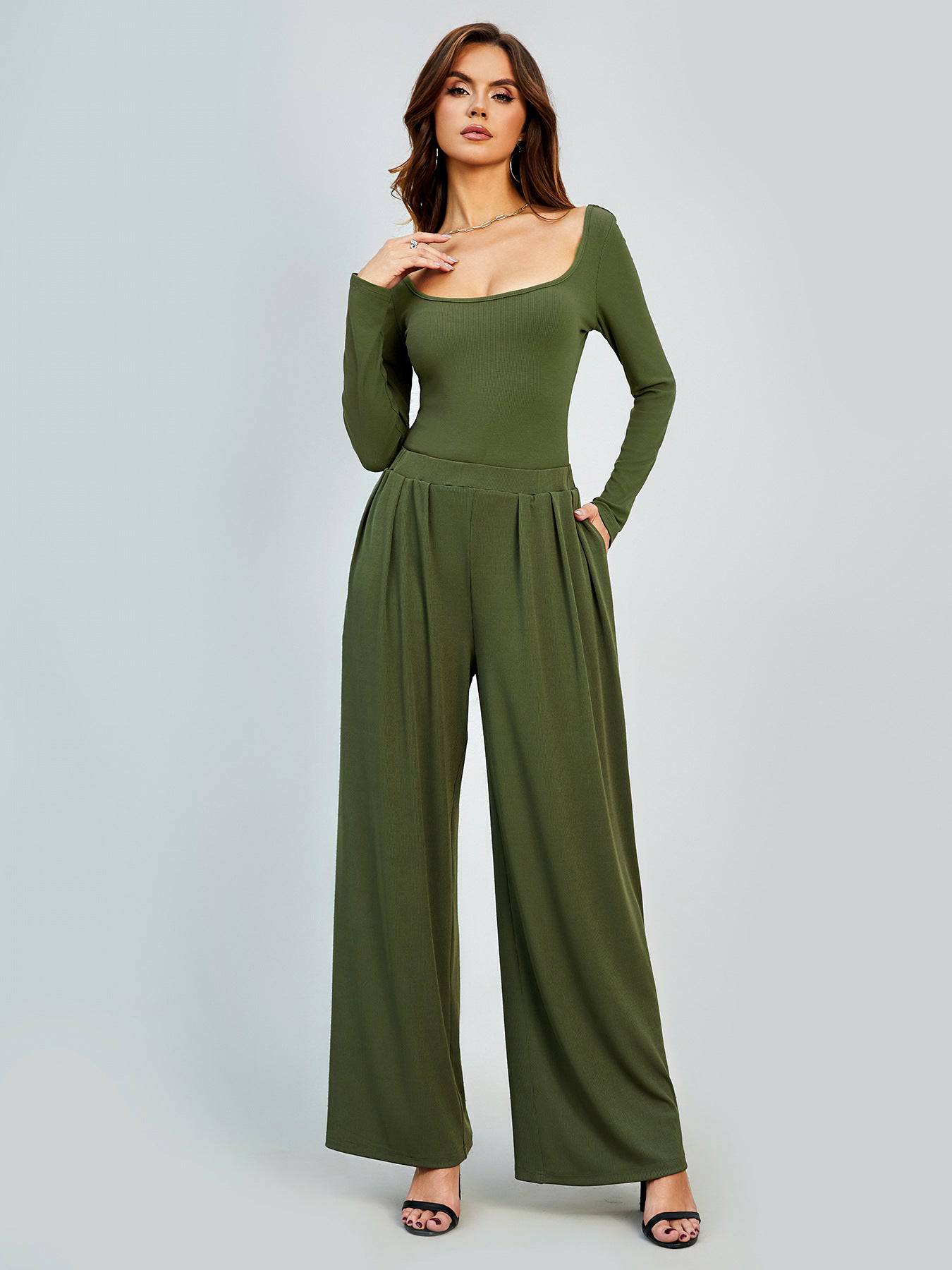 Elegant High Waist Loose Wide Leg Pants for Women  XS Green 