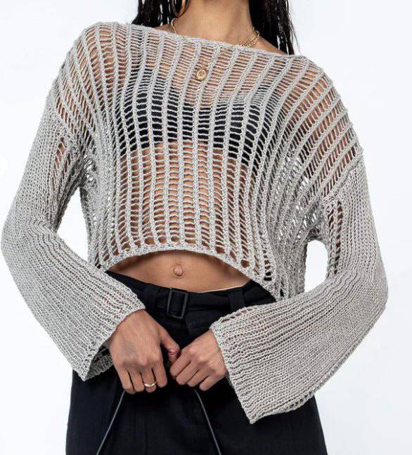 Elegant Hollow Out Knit Sweater Blouse for Women  S Gray 