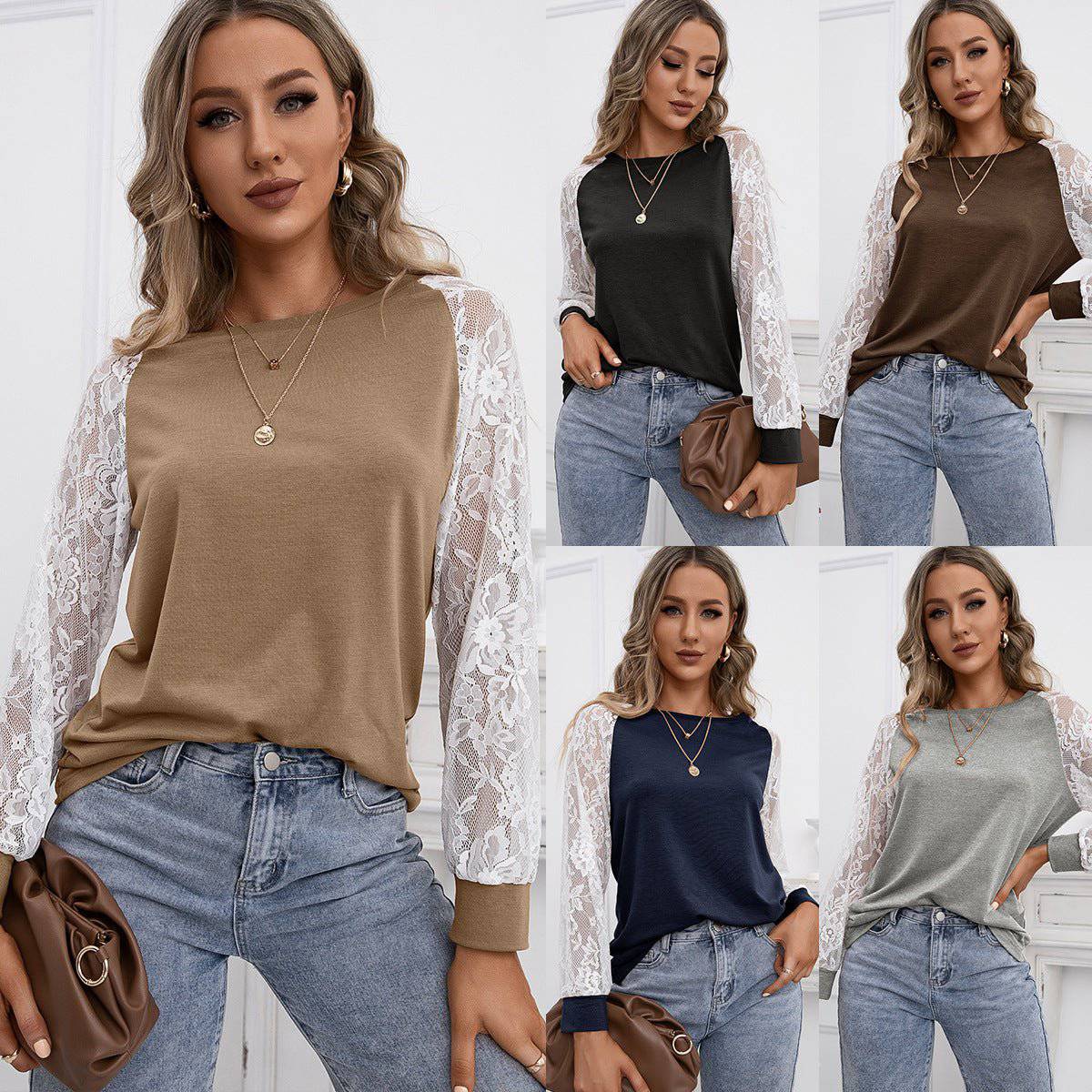 Elegant Hollow Out Lace Stitched Long Sleeve T-shirt for Women    