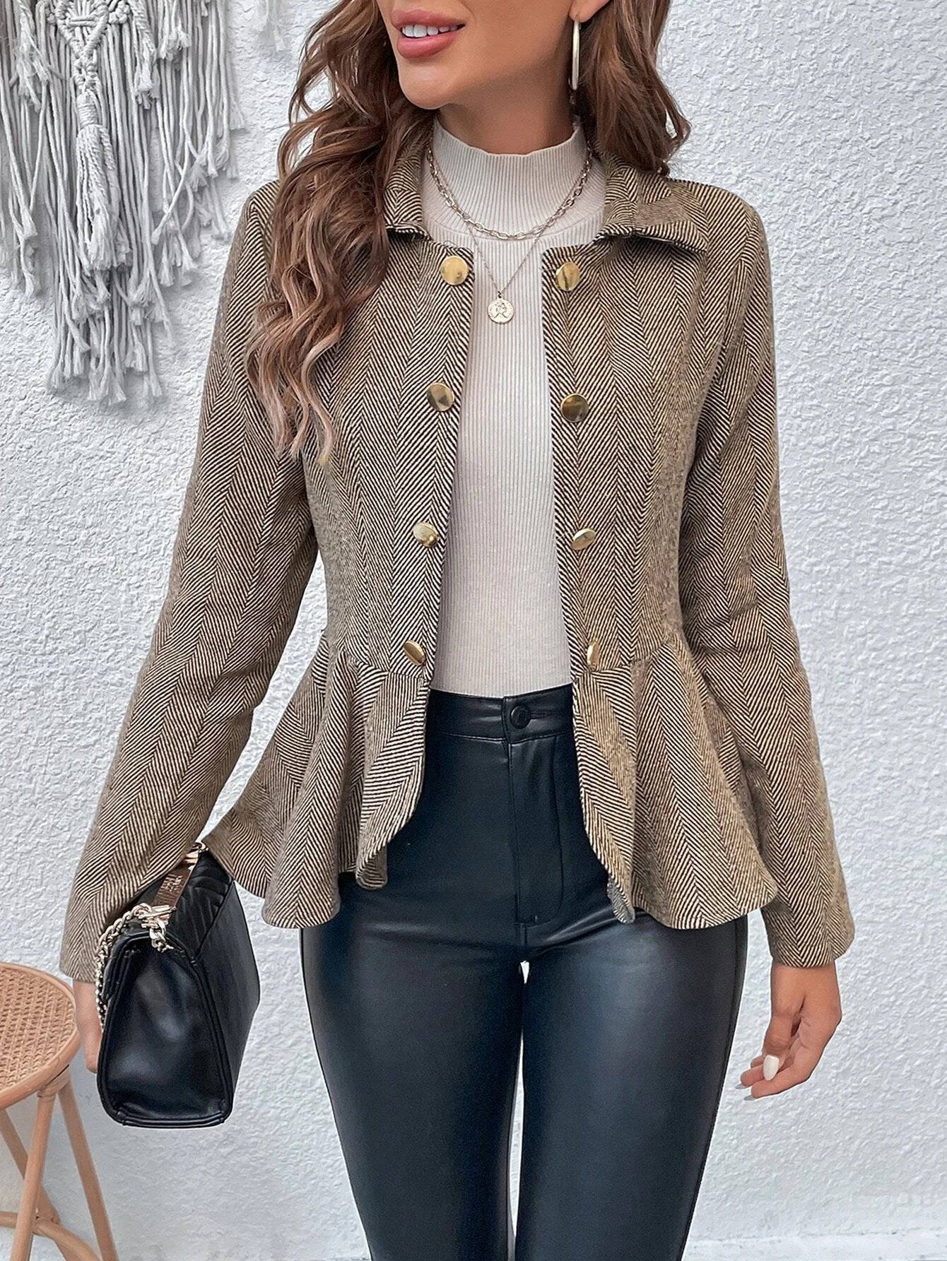 Elegant Jacquard Ruffle Office Blazer for Women  S Camel 