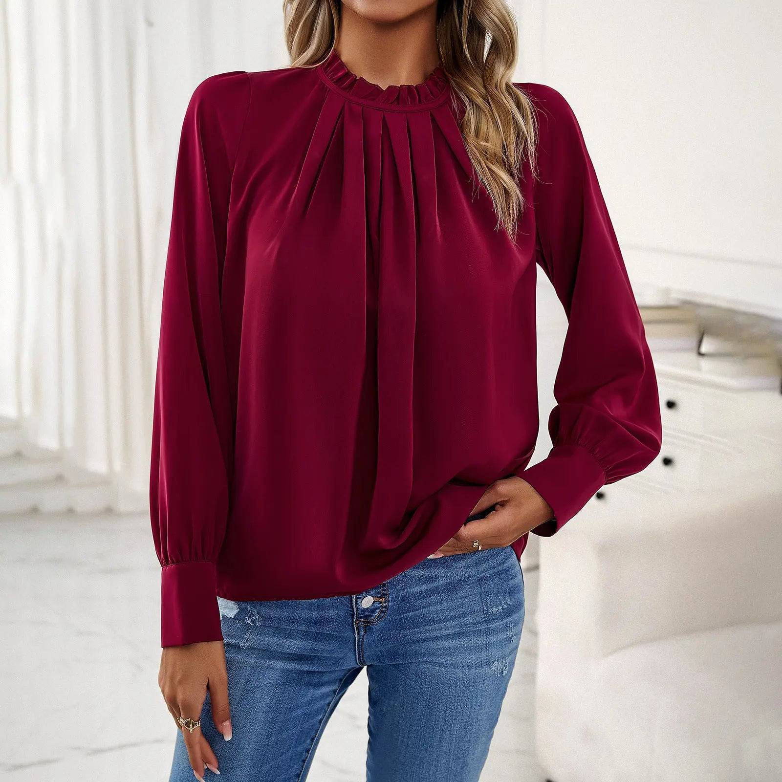 Elegant Lace Collar Loose Fit Long Sleeve Blouse  S Burgundy 