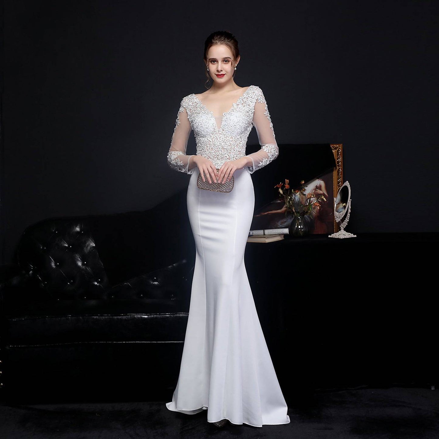 Elegant Lace Diamond Toast Evening Gown with Long Sleeves    