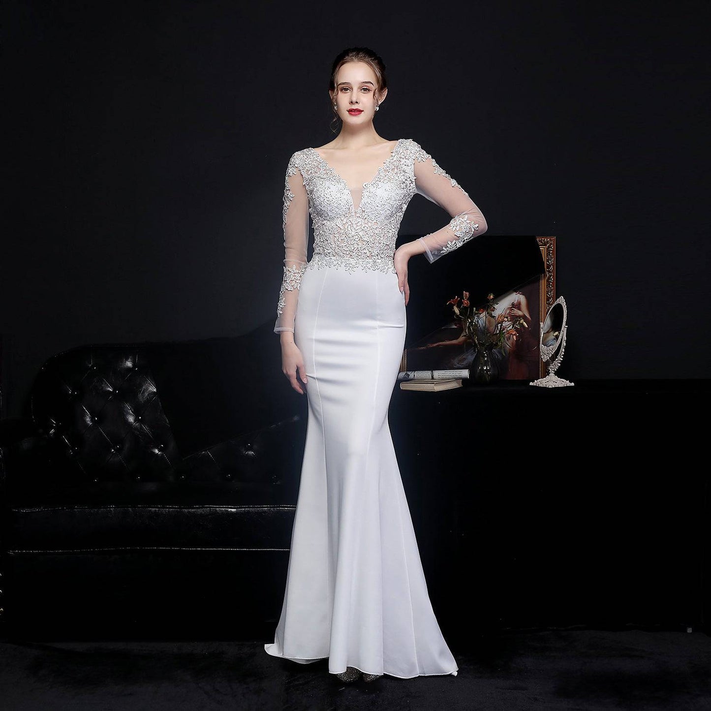 Elegant Lace Diamond Toast Evening Gown with Long Sleeves  S White 