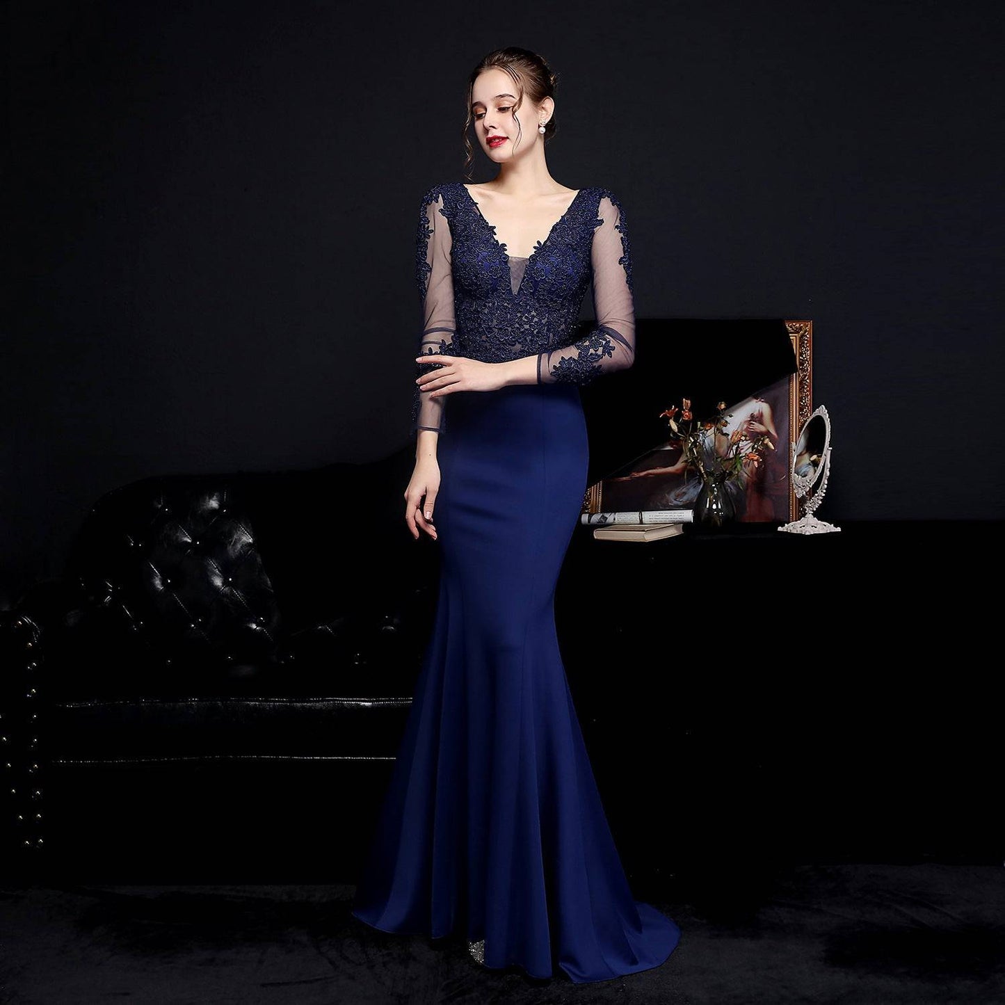 Elegant Lace Diamond Toast Evening Gown with Long Sleeves  S purplish blue 