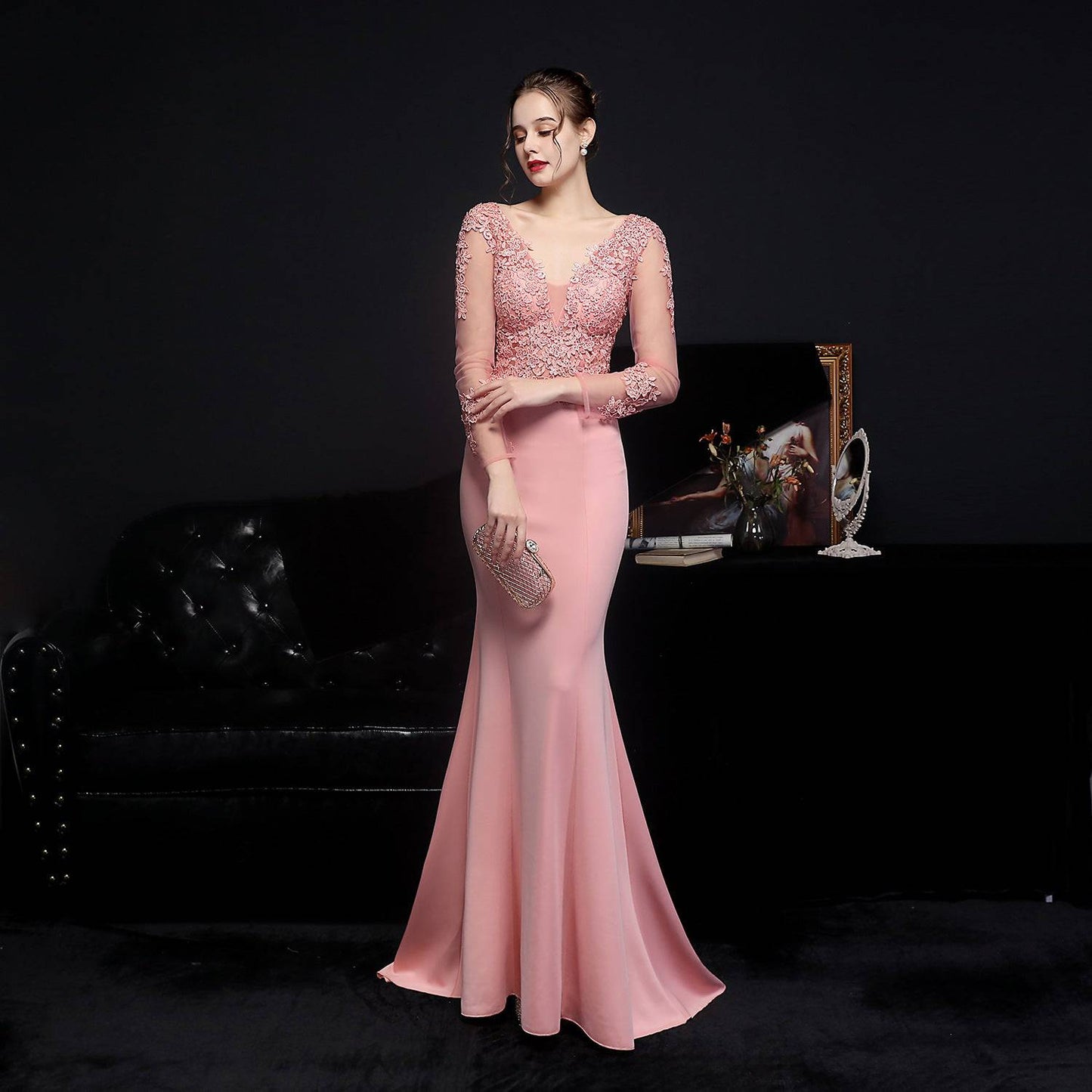 Elegant Lace Diamond Toast Evening Gown with Long Sleeves    