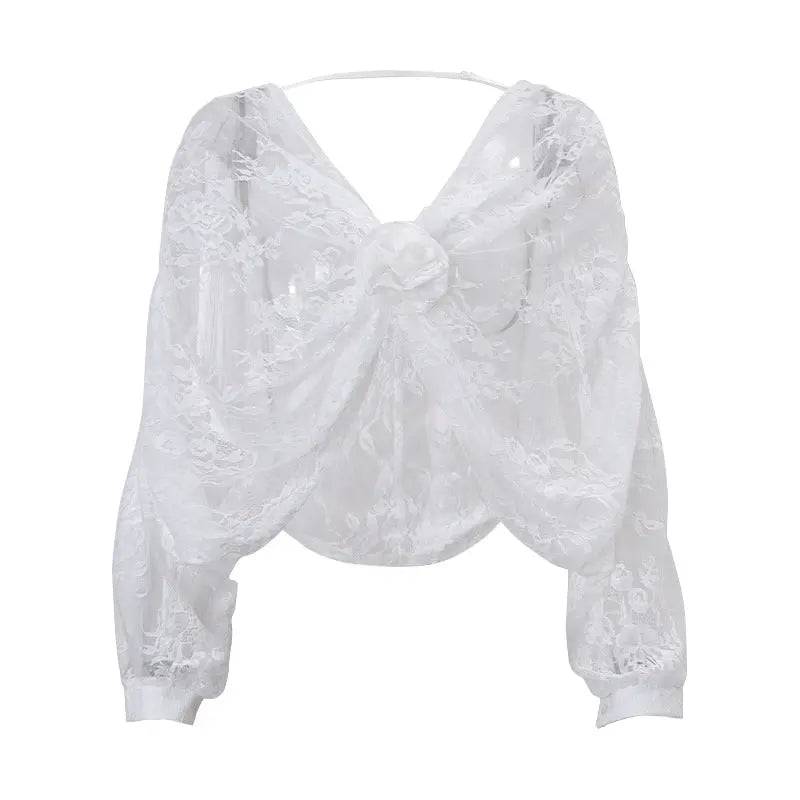 Elegant Lace Jacquard Sheer Long Sleeve Crop Top for Women  S White 