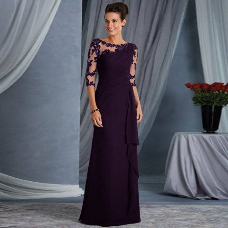 Elegant Lace Maxi Dress with Half Sleeves and Round Neck  S Purple 