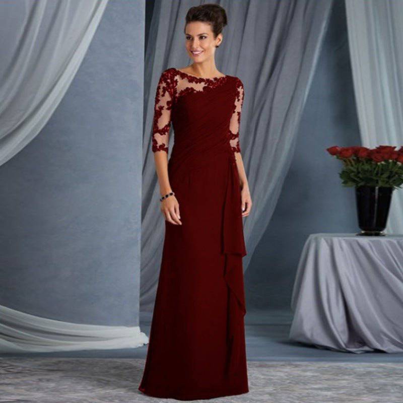 Elegant Lace Maxi Dress with Half Sleeves and Round Neck    