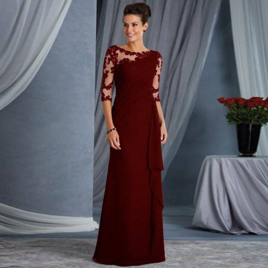 Elegant Lace Maxi Dress with Half Sleeves and Round Neck    