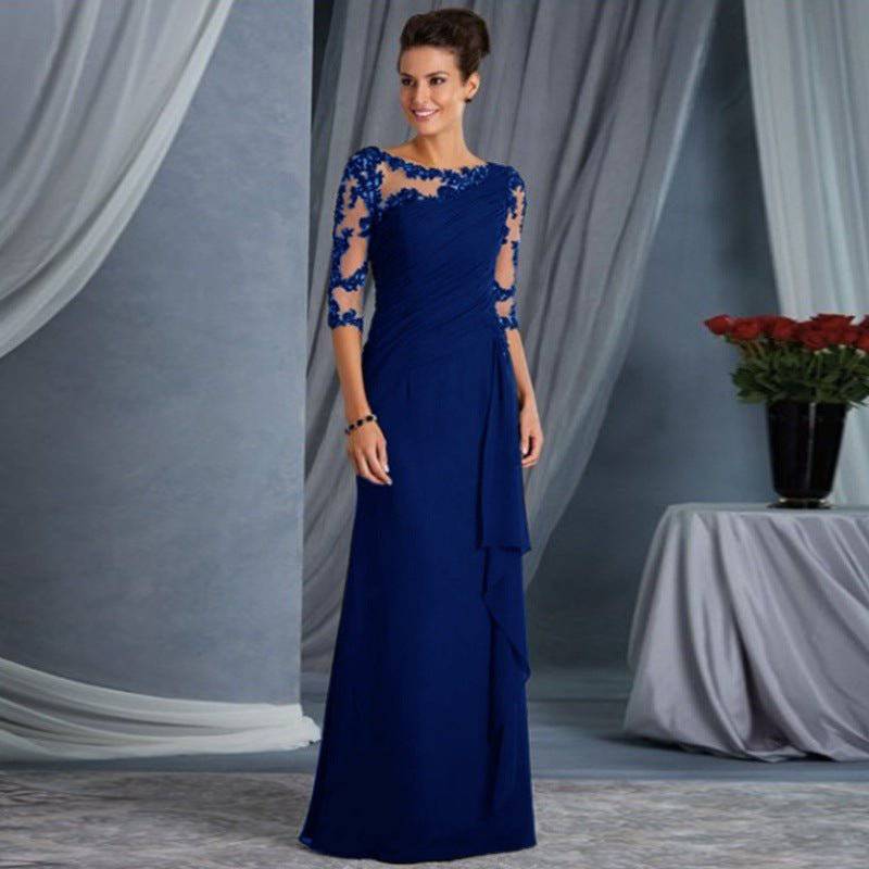 Elegant Lace Maxi Dress with Half Sleeves and Round Neck  S Purplish blue 