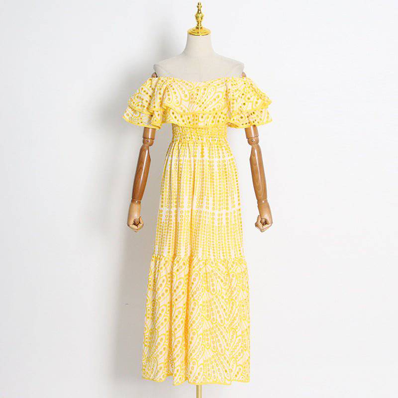 Elegant Lady Double Layer Maxi Dress with Lotus Leaf Off-Shoulder Embroidery  S Yellow 