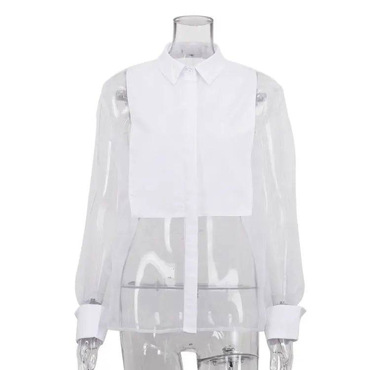 Elegant Long-Sleeve Collared Shirt in Stitched Organza for Women  S White 