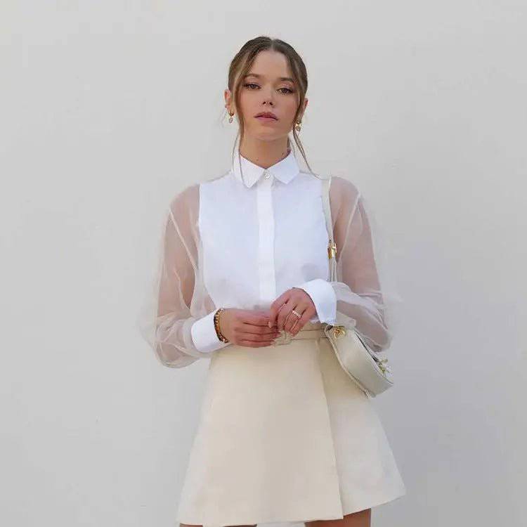 Elegant Long-Sleeve Collared Shirt in Stitched Organza for Women    