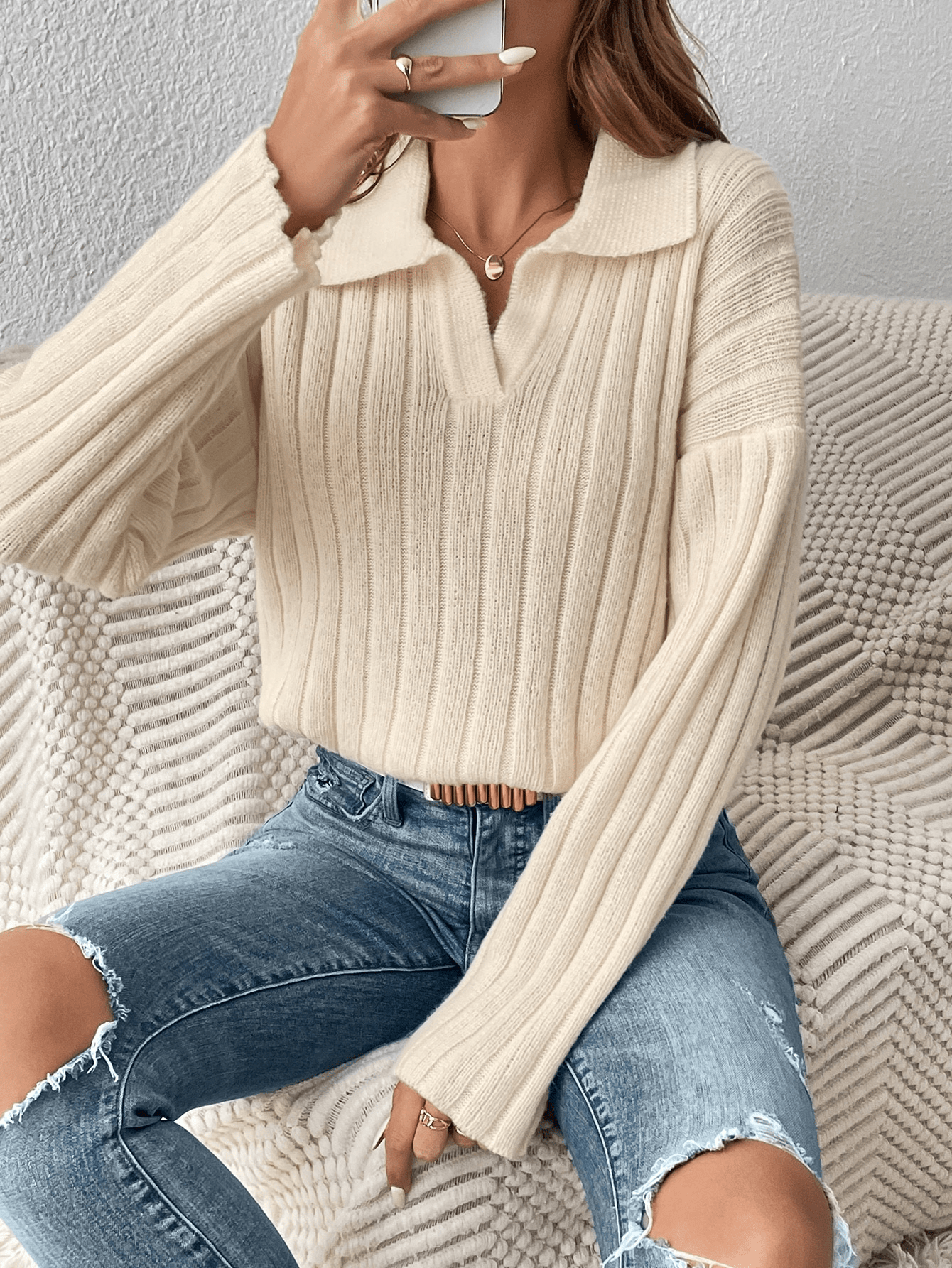 Elegant Loose Fit Acrylic Sweater with Polo Collar for Women    