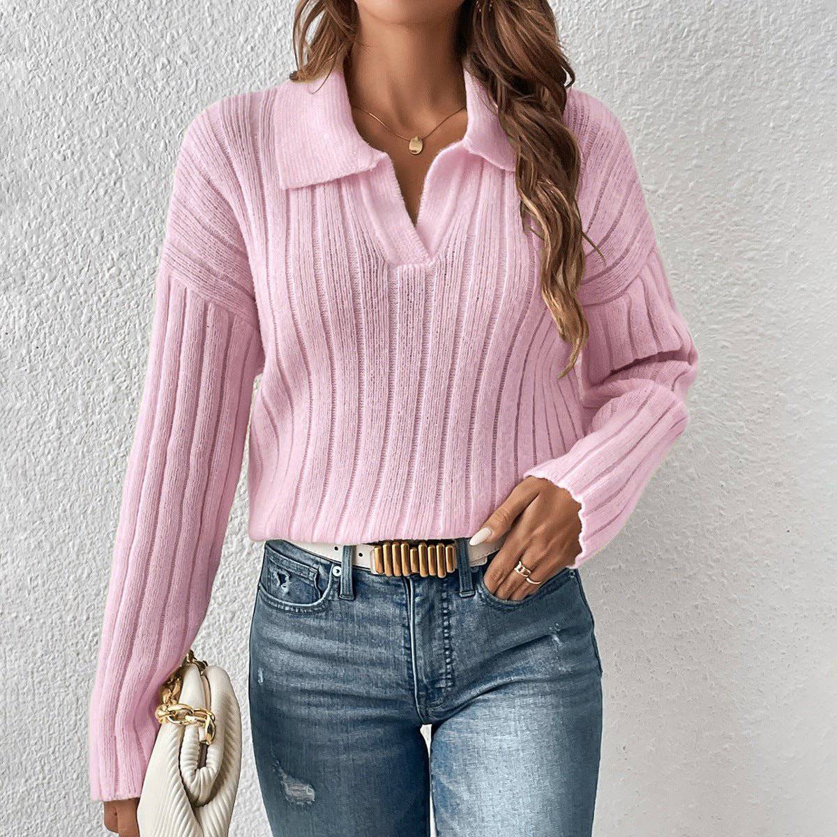 Elegant Loose Fit Acrylic Sweater with Polo Collar for Women    