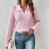 Elegant Loose Fit Acrylic Sweater with Polo Collar for Women    