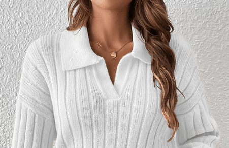 Elegant Loose Fit Acrylic Sweater with Polo Collar for Women  S White 