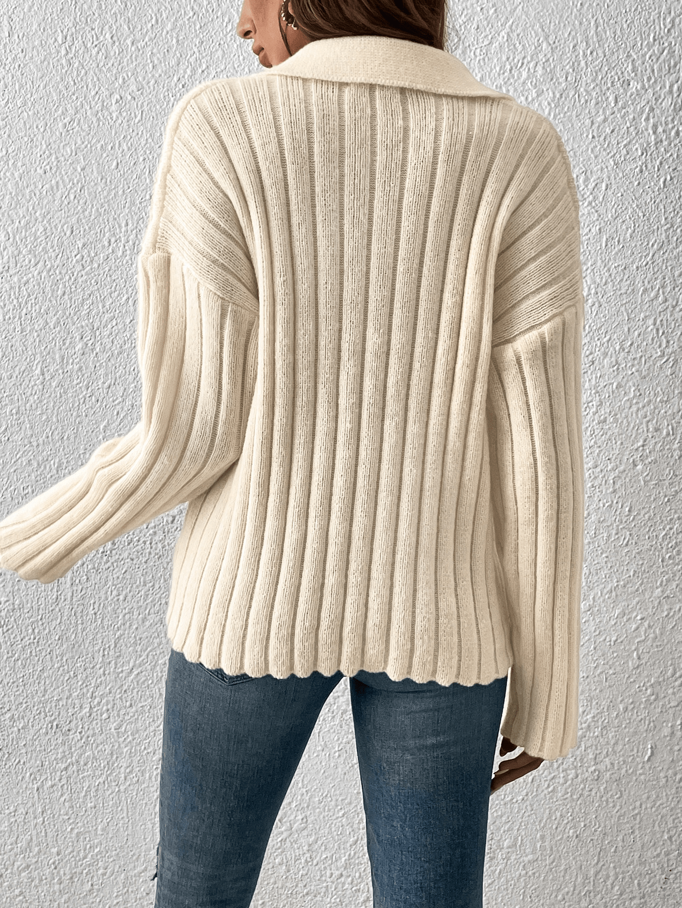 Elegant Loose Fit Acrylic Sweater with Polo Collar for Women    