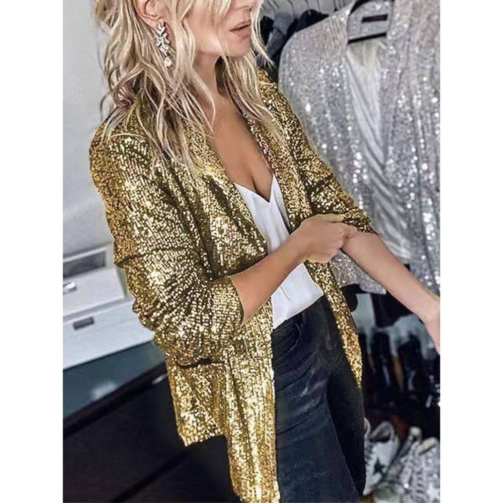 Elegant Multi-Color Sequined Women's Blazer with Long Sleeves  S Gold 