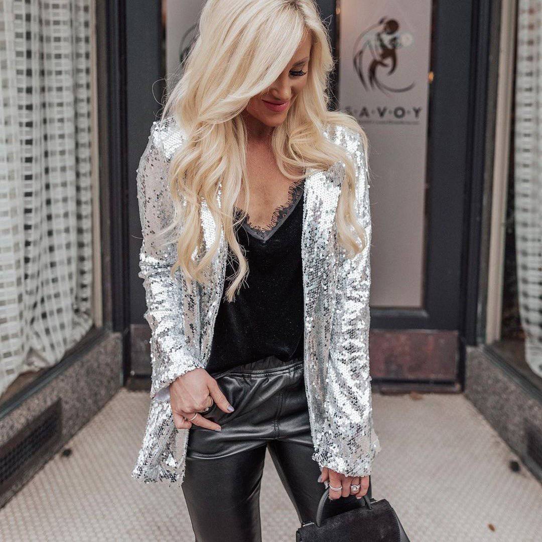 Elegant Multi-Color Sequined Women's Blazer with Long Sleeves  S White 