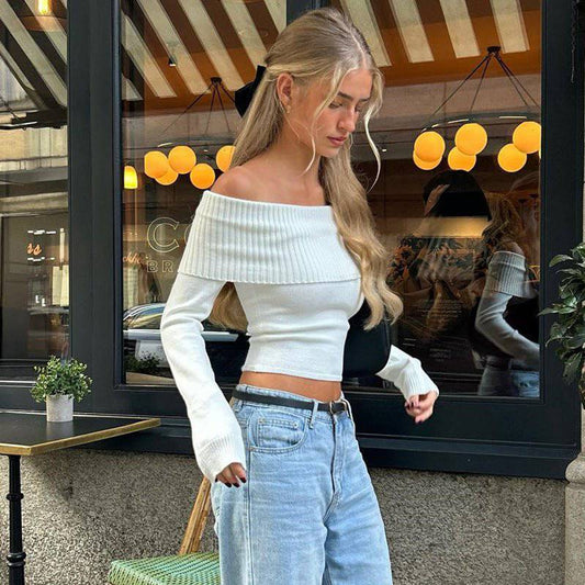 Elegant Off-The-Shoulder Slim Fit Women's Top for Autumn    