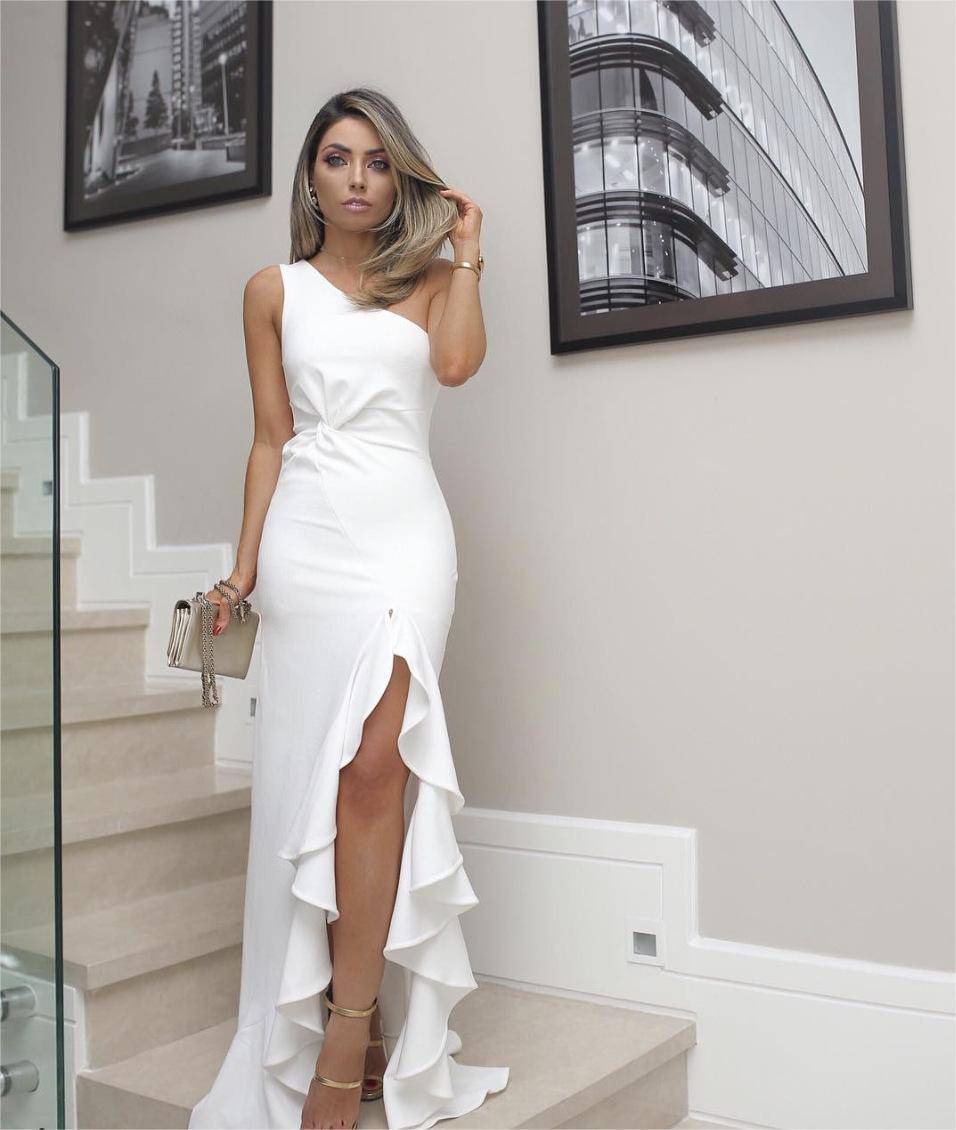 Elegant One Shoulder Maxi Dress with Ruffled Slit  S White 