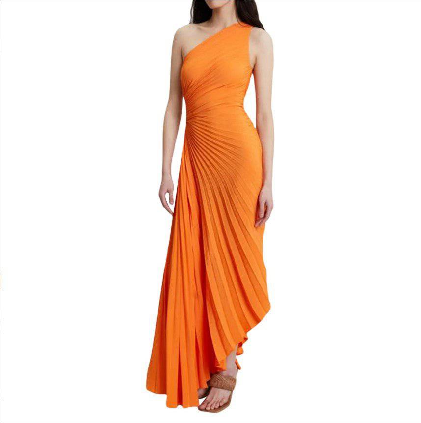 Elegant One-Shoulder Pleated Hollow Out Maxi Dress  XS Orange 