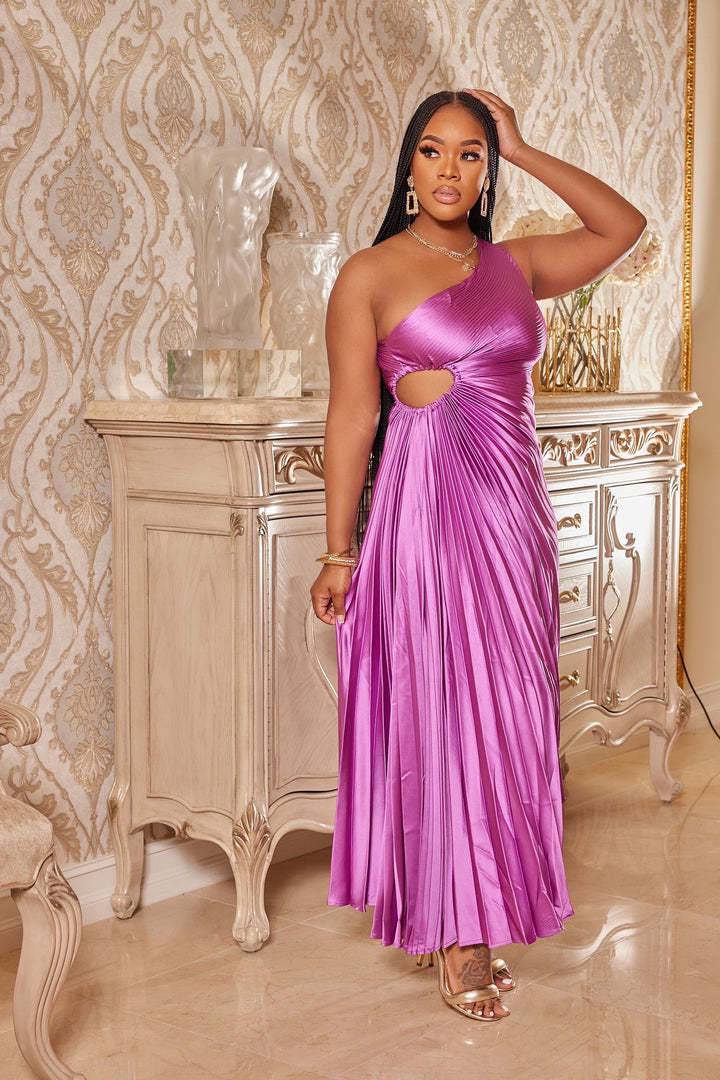 Elegant One-Shoulder Pleated Hollow Out Maxi Dress  XS Purple Pink 