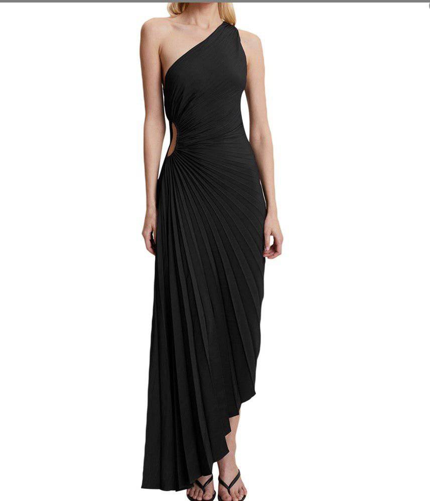 Elegant One-Shoulder Pleated Hollow Out Maxi Dress  XS Black 