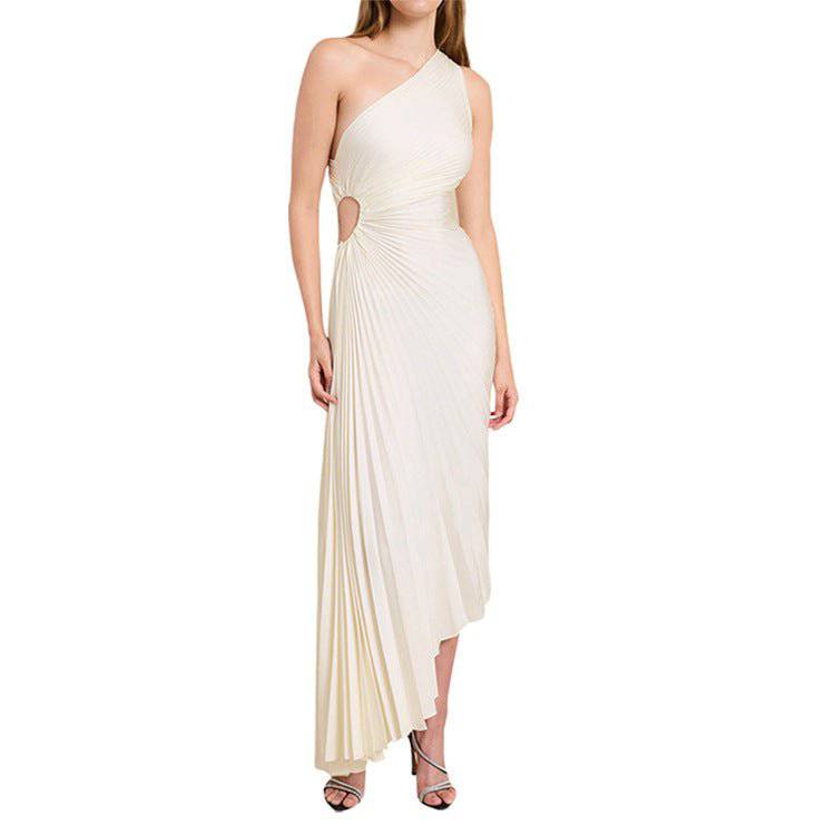 Elegant One-Shoulder Pleated Hollow Out Maxi Dress  S Ivory 