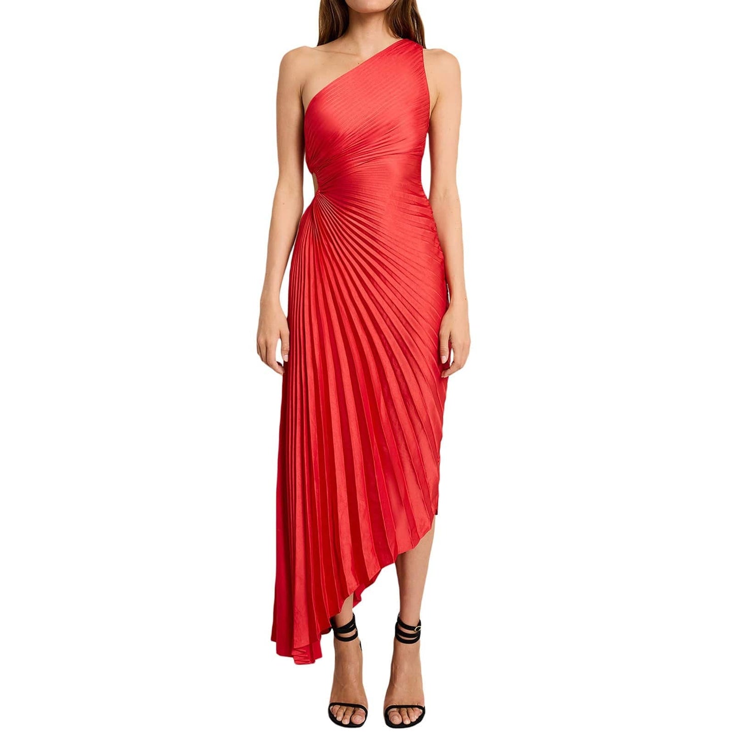 Elegant One-Shoulder Pleated Hollow Out Maxi Dress  XS Red 