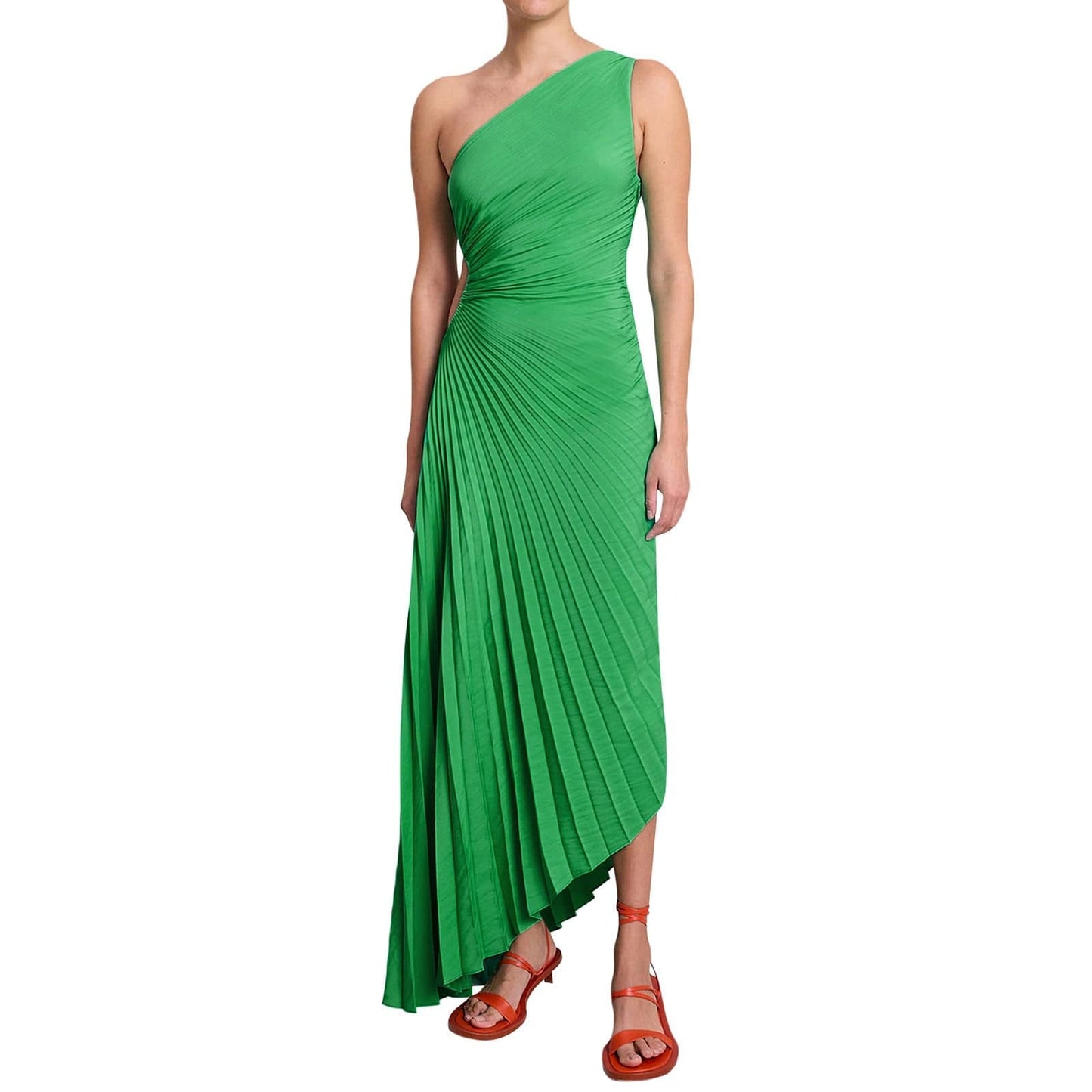 Elegant One-Shoulder Pleated Hollow Out Maxi Dress  XS Green 