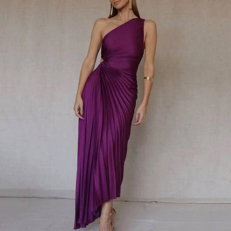 Elegant One-Shoulder Pleated Hollow Out Maxi Dress    