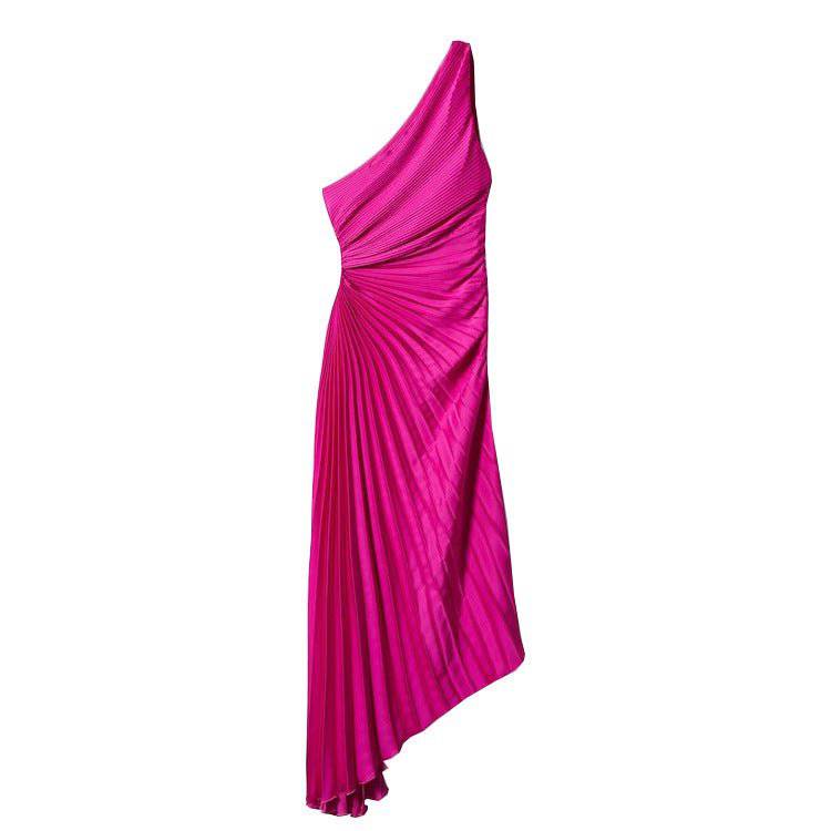 Elegant One-Shoulder Pleated Hollow Out Maxi Dress  XS Coral Red 