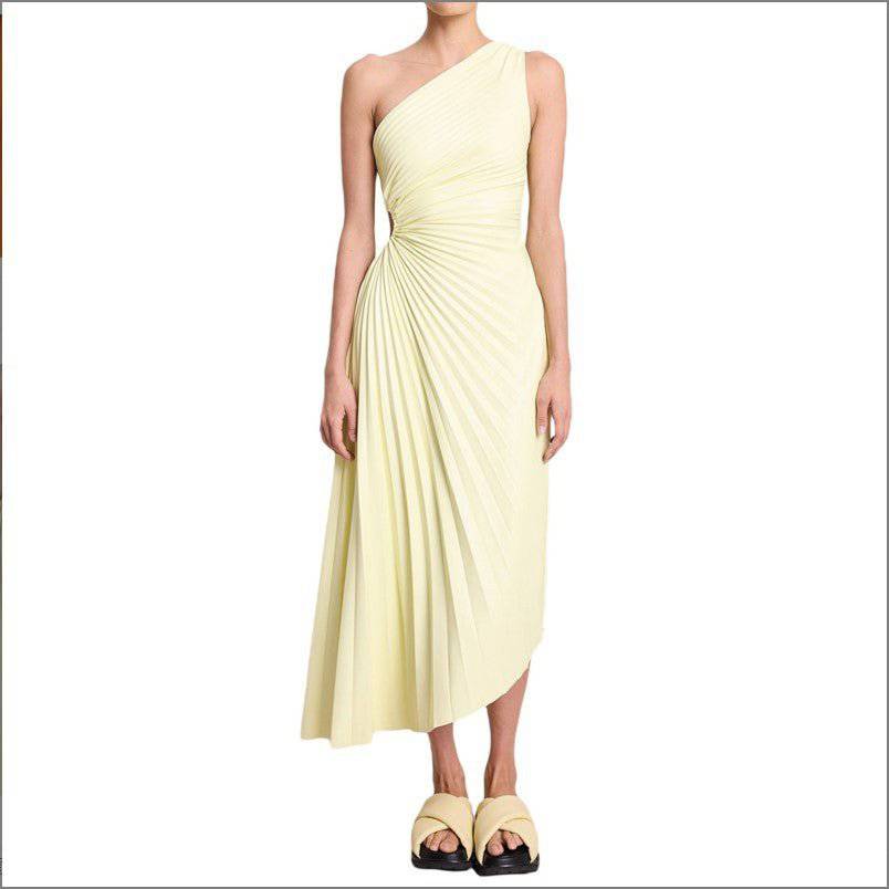 Elegant One-Shoulder Pleated Hollow Out Maxi Dress  XS Yellow 