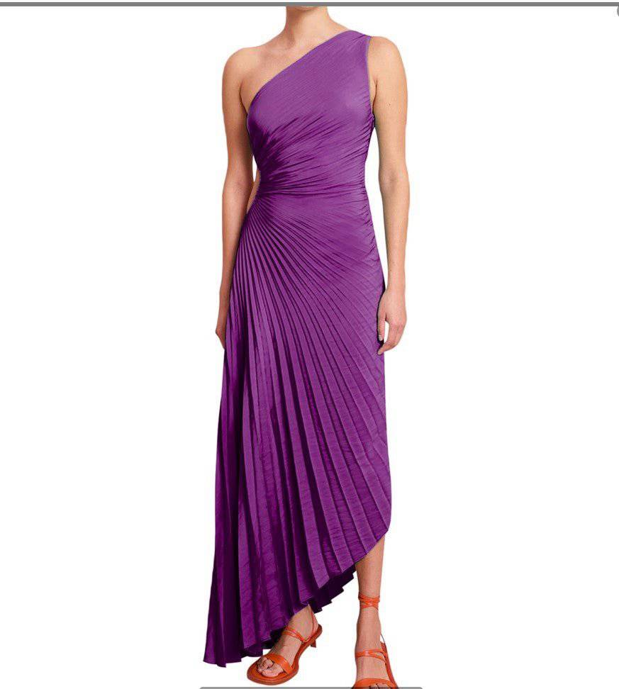 Elegant One-Shoulder Pleated Hollow Out Maxi Dress  XS Purple 