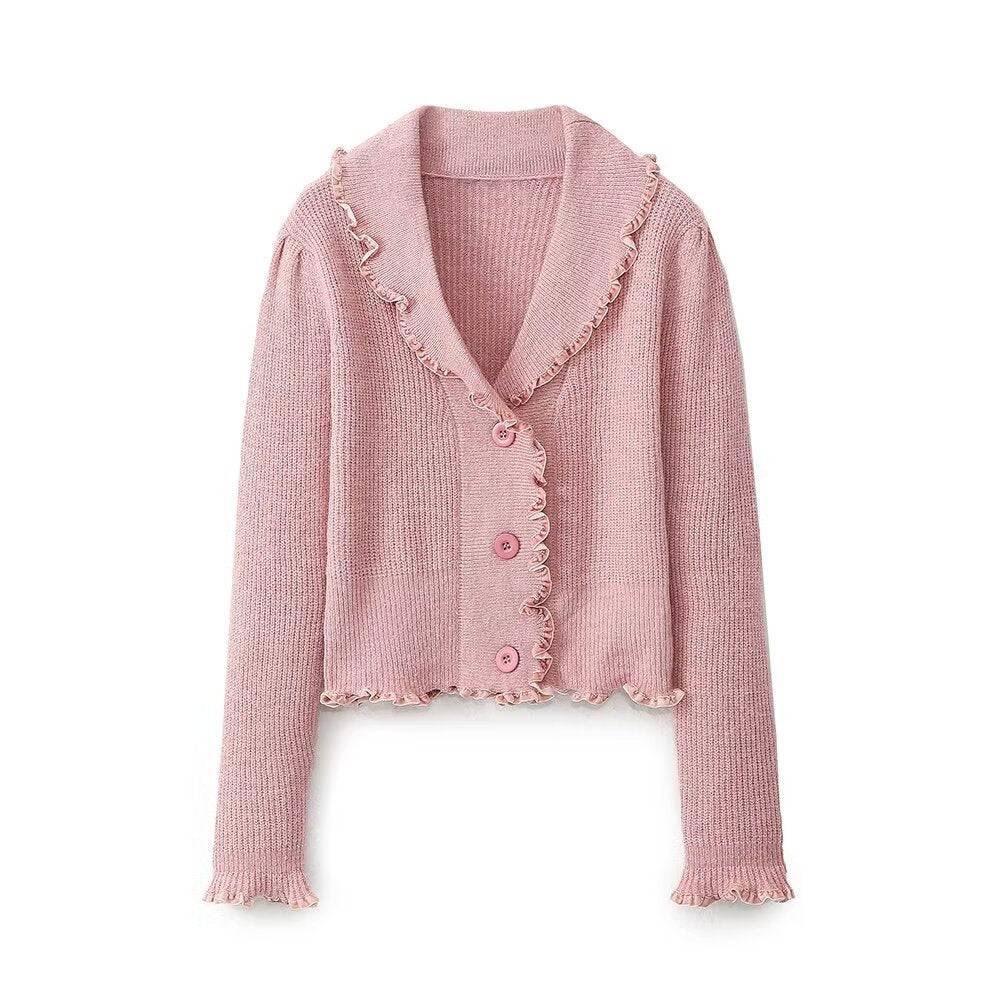 Elegant Pink French Button-Up Knitwear for Women  S Pink 