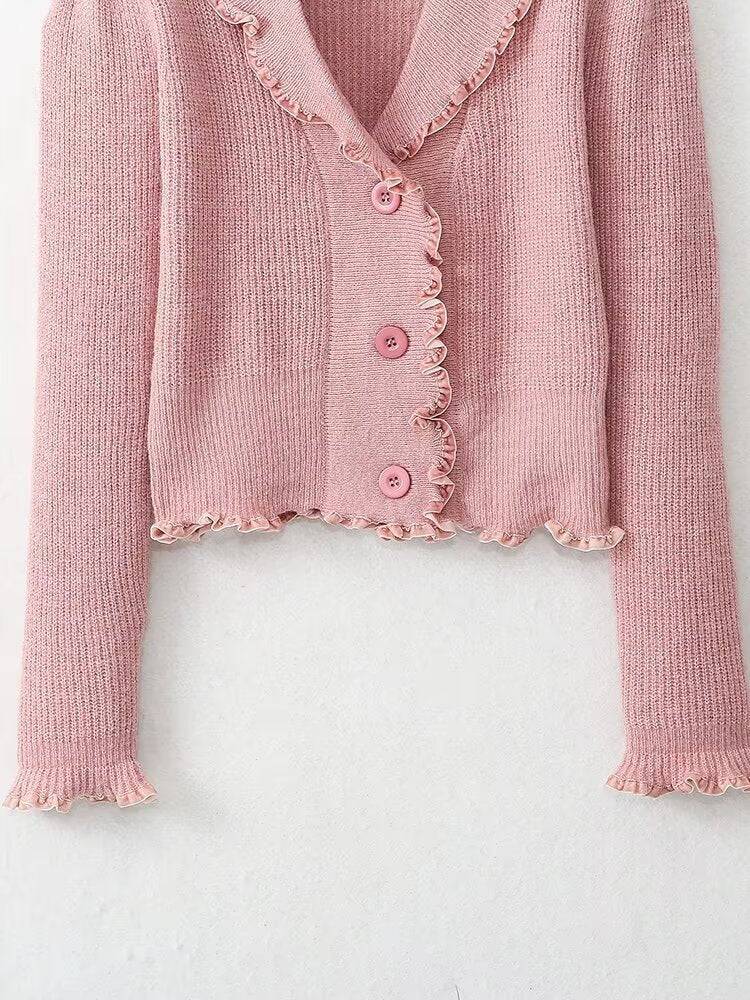 Elegant Pink French Button-Up Knitwear for Women    